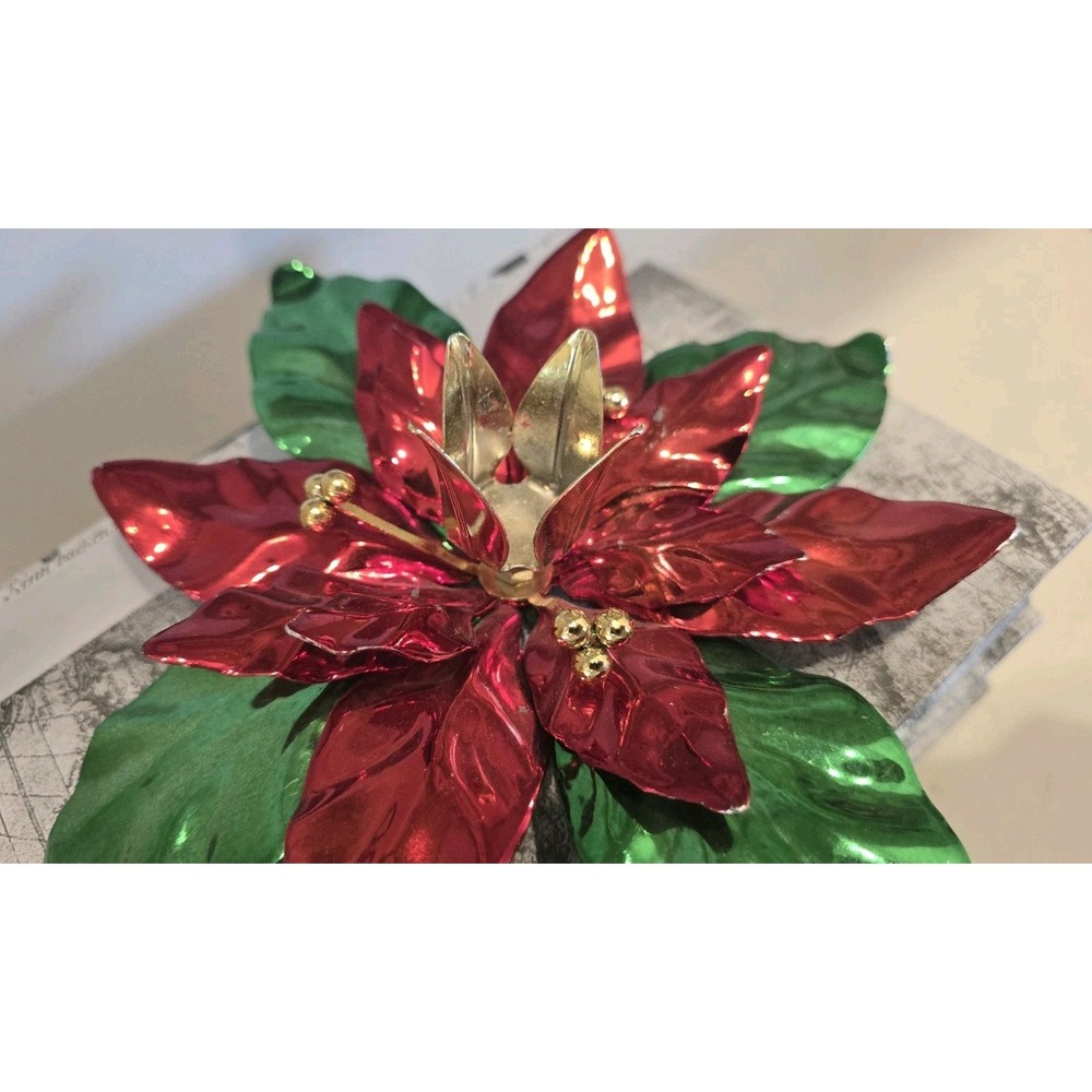 Vintage 1990 Dept 56 Metal Poinsettia Taper Candle Holder Christmas Decor 8"